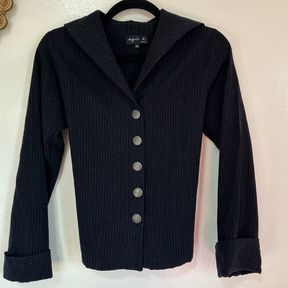 Agnes B Wool Blend Navy Pinstripe Snap Front Sweater, Tie Waist, US Size 4 - Picture 1 of 11